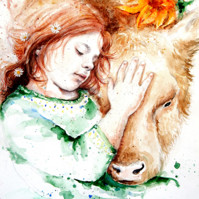 Little girl with cow